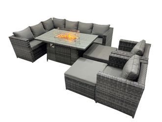 Fimous Rattan Garden Furniture Dining Set 10-seater with 2 Big Stools in Dark Grey