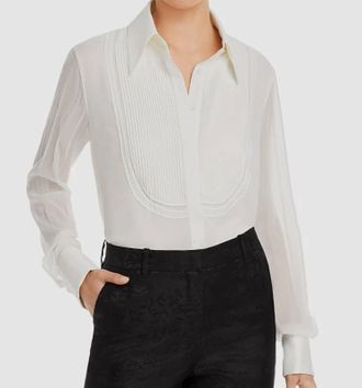 Lafayette 148 New York Silk Button Down Tuxedo Blouse In Ivory