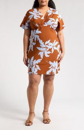 Renee C Floral Short Sleeve Empire Waist Dress in Rust/Blue at Nordstrom Rack, Size 1X