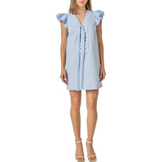 English Factory Stripe Seersucker Ruffle Sleeve Eyelet Minidress in Powder Blue/White at Nordstrom, Size X-Small