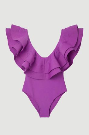 Karen Millen Womens Drama Frill Swimsuit - Purple Polyamide - Size X-Small