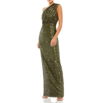 Mac Duggal Petite One Shoulder Ruched Sequin Evening Gown in Olive at Nordstrom, Size 10P