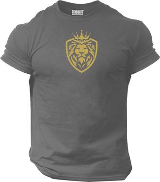 Generic King Lion T Shirt Gym Clothing Bodybuilding Training Workout Exercise Fitness Boxing MMA Tee Top (UK, Alpha, S, Regular, Regular, Charcoal Gold Print)