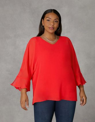 Live Unlimited London Womens Red Flute Sleeve Overlay Top - Size: 12