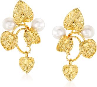 Ross-Simons Italian 6mm Cultured Pearl Vine Drop Earrings in 18kt Gold Over Sterling