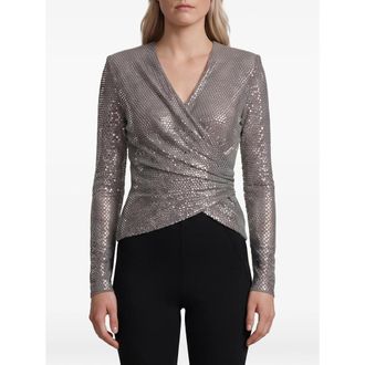 Self Portrait Grey Rhinestone Mesh Wrap Top