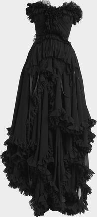 Alexander McQueen Strapless Draped Ruffle Silk Georgette Gown