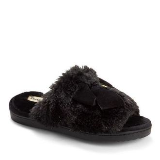 Dearfoams Bianca Pile Slide Slipper with Bow in Black at Nordstrom, Size X-Large