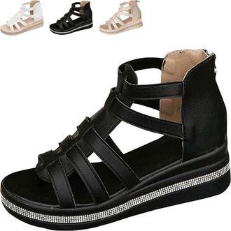 Generic Rhinestone Decor Wedge Sandals, Summer Casual Diamond Bling Orthopedic Platform Ankle Strap Sandals Non Slip Slides (black,3.5)