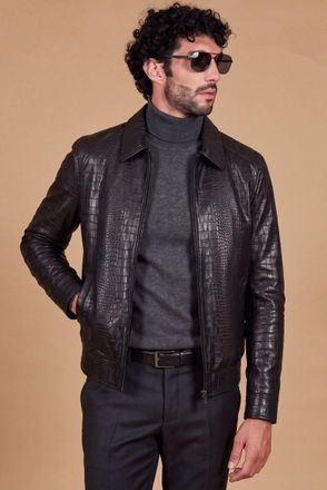 D'Arienzo Giacca in pelle nera stampa effetto cocco colletto camicia DArienzo, Seleziona Taglia 46, Colore Nero