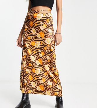 Reclaimed Vintage satin slip skirt in animal floral print-Multi