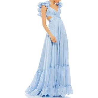 Mac Duggal Sleeveless Ruffle Tiered Cut-Out Chiffon Gown in Powder Blue at Nordstrom, Size 10