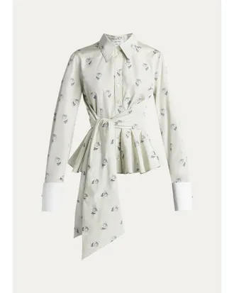 Alexander McQueen Floral Jacquard Taffeta Wrap Peplum Shirt