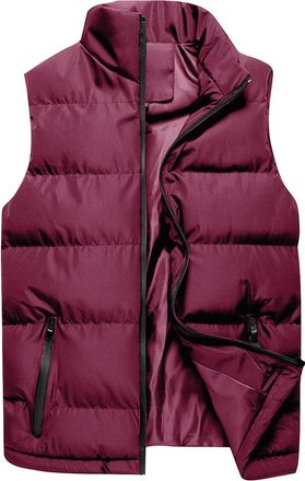 Generic Mens Padded Gilet Mens Winter Thick Puffer Sleeveless Coats Lightweight Full Zipper Vests Thermal Stand Up Collar Solid Color Outerwear Outdoor Warm W