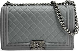Chanel Boy Flap Bag Quilted Calfskin Gray Leather Handbag (Pre-Owned)