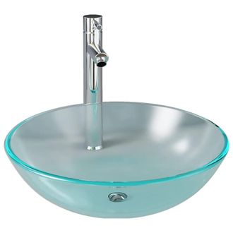 Berkfield Home Bathroom Sink with Tap & Push Drain Frosted Tempered Glass in Silver