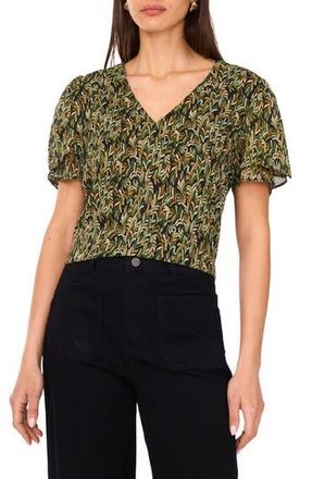 Vince Camuto V-Print Tulip Sleeve Georgette Top in Rich Black at Nordstrom Rack, Size X-Large