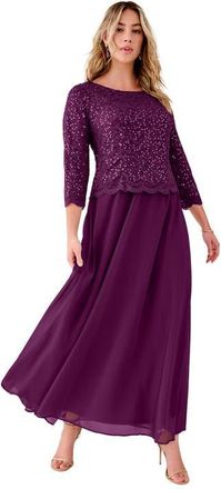 Roaman's Plus Size Sequin Lace Three Quarter Sleeve A-Line Gown in Dark Berry at Nordstrom, Size 32P
