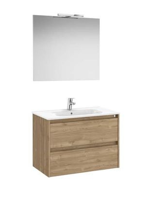Roca Mueble Lavabo 800mm Tenet 2 Cajones + Espejo Y Aplique Led Nogal