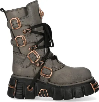 New Rock Grey Brown Leather Gothic Mid-Calf Biker Boots - M-373XL-C119
