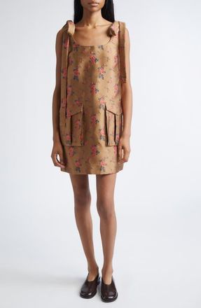 Monse Floral Embroidered Metallic Satin Cargo Minidress in Brown at Nordstrom, Size 2