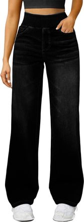 Generic Jeans for Women UK Wide Leg Jeans for Women High Waisted Pull on Stretch Comfy Palazzo Trousers Casual Denim Pants with Pockets Everyday Wear Elastica