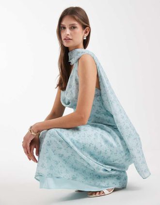 Asos Vestito lungo in raso blu a fiori con scollo ad anello e foulard