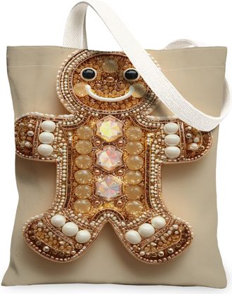 Generic Gingerbread Man Canvas Tote Bag, Festive Holiday Reusable Shopping Bags, Lightweight Washable Shoulder Strap Canvas Bags Fo, Beige, 13x15 Inch