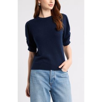 Nordstrom Ruched Short Sleeve Cashmere Sweater in Navy Night at Nordstrom, Size Small