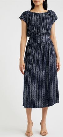 Loveappella Cap Sleeve Smocked Waist Midi Dress in Navy/ivory at Nordstrom, Size X-Small