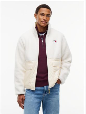 Tommy Hilfiger Mens Tommy Jeans Mixed-Media Teddy Jacket - Cream - XXL