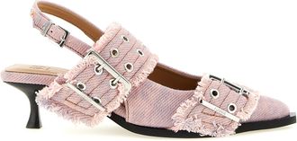 Ganni Feminine Buckle Fringed Denim Slingback