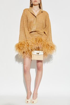 Os&eacute;ree Short Skirt With Ostrich Feathers, Womens, Gold