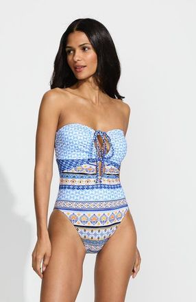 Lands End Ruched Multi-Way V-Neck Halter High Leg One Piece Swimsuit in White Mosaic Multi Stripe at Nordstrom, Size 10