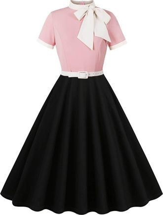 Generic Womens Vintage Dress 1950s Cocktail Party Dress Patchwork Crew Neck Short Sleeve Retro Dresses A Line Swing Flowy Tea Dress Audrey Hepburn 50s 60s Dan