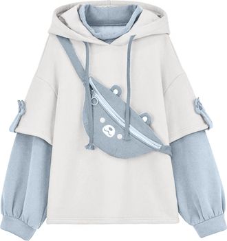Generic Aesthetic Bear Anime Hoodie Oversized Hoodie Women Korean Kawaii Crewneck Long Sleeve Streetwear Kpop Fall Winter Clothes Tops Light Blue