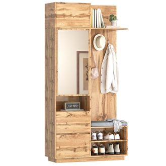 STILVORA Mobile Ingresso Con Specchio, Panchina E Appendiabiti Con Cassetti E Scarpiera A Ripiani, Mdf, Naturale, 90&times;34,5&times;190 Cm
