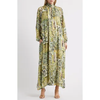 Melloday Botanical Tie-Neck Maxi Dress in Green Multi Abstract at Nordstrom, Size Small