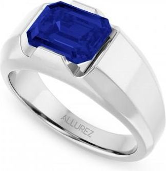 Allurez Lab Grown Emerald Cut Solitaire Mens Blue Sapphire Ring 14K White Gold (4.48ct)