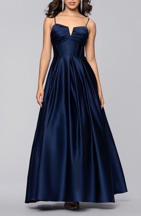 Blondie Nites Notch Neck Satin Ballgown in Navy at Nordstrom, Size 9