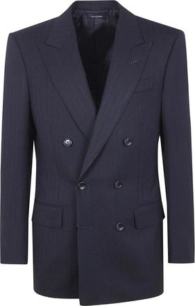 Tom Ford Solid Satin Stripe Double Breasted Jacket - Heren - Business blazers - Zwart - M - Leer - Kostuums