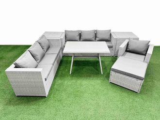 Fimous 8-seater Patio 3 Seater Sofa Armchair Set with 2 Side Tables Big Stool in Light Grey
