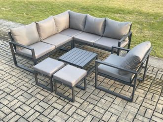 Fimous Outdoor Garden Furniture Set Aluminium Lounge Sofa Square Coffee Table Sets with Chair 2 Small Footstools Indoor Conservatory Set in Dark Grey
