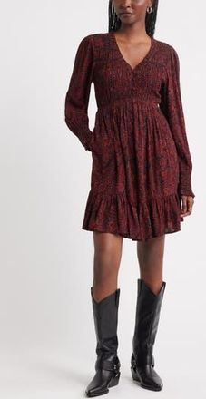Treasure & Bond Long Sleeve Smocked Bodice Dress in Black- Red Gemma Medallion at Nordstrom Rack, Size X-Small