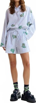 Essentiel Pinstriped Embroidered Mini Shorts In Green/ Light Blue/ Off-White