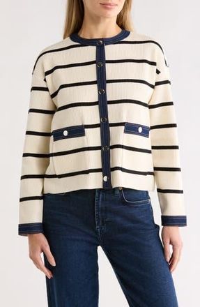 Nanette Lepore Denim Trim Stripe Ribbed Cardigan in Ecru/Denim at Nordstrom Rack, Size X-Large