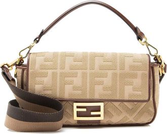 Fendi Fendi Beige Ff Embroidered Canvas Baguette Shoulder Bag (Authentic Pre-Loved)