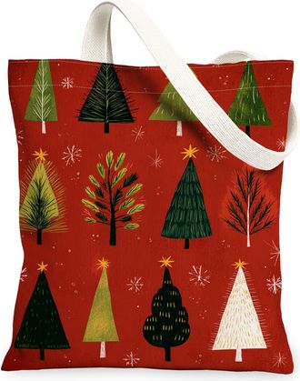 Generic Christmas Tree Canvas Tote Bags, Festive Pine Reusable Grocery Bags, Holiday Vintage Lightweight Washable Shoulder Strap Ca, Red, 13x15 Inch