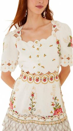Farm Rio Flower Embroidery Scalloped Mini Dress In White