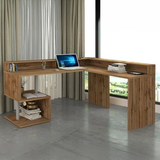 Dmora Escritorio Sansone, Escritorio De Esquina Con Estantes De Almacenamiento, Escritorio De Oficina Multiusos Con Tablero, 180x92,5h160 Cm, Roble, Con Emb